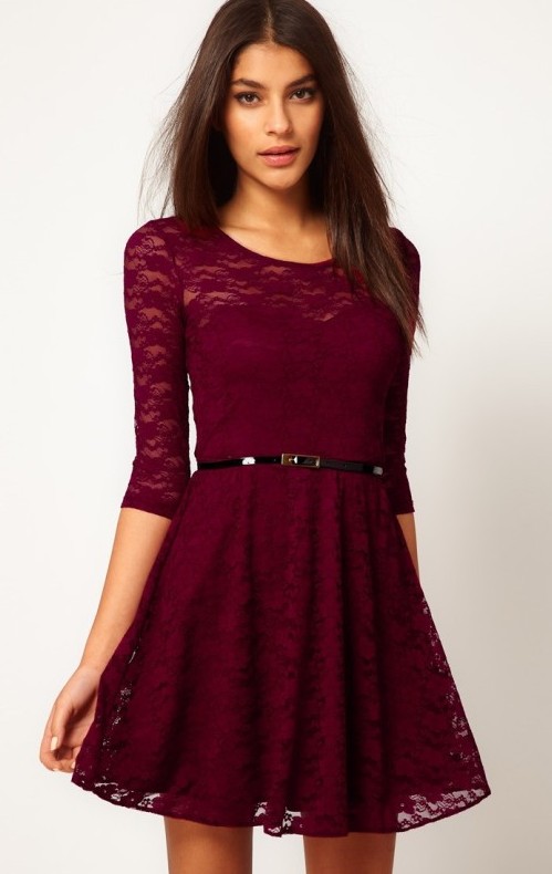 Purplish Red  Collarless Half Sleeve Lace Dress